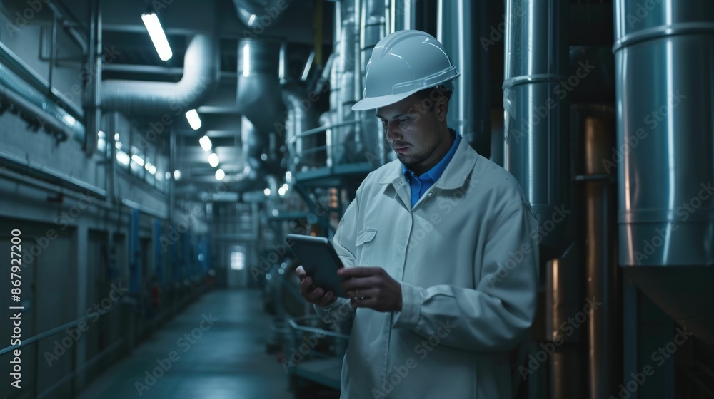 Poster smart engineer checking iron machine in factory while wearing safety helmet. professional industrial