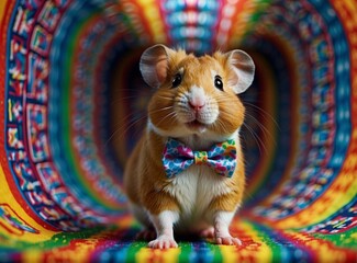 Fototapeta premium A cute hamster wearing a bow tie is standing in a colorful tunnel. AI.