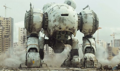 A  robot stands in a ruined city. AI.