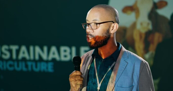 Presentation, conference and businessman with mic at event for sustainability workshop for farm training. Seminar, talk and male agro speaker on podium at agriculture convention for harvest speecg.
