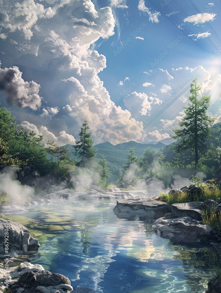 Poster a tranquil forest scene with a mountain stream flowing through it. the sky is bright blue with puffy