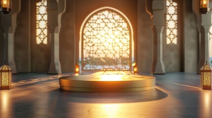 islamic golden podium set against an ornate window backdrop, exuding luxury
