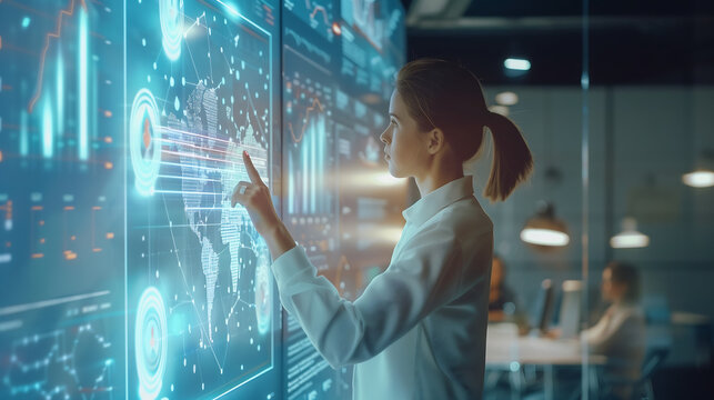 business women touching a digital screen with a holographic world map and AI data on a glass wall at a modern office