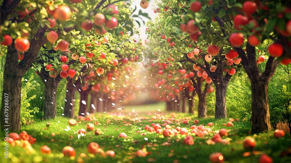 Poster A picturesque view of a pathway lined with apple trees laden with ripe fruit. Generative AI