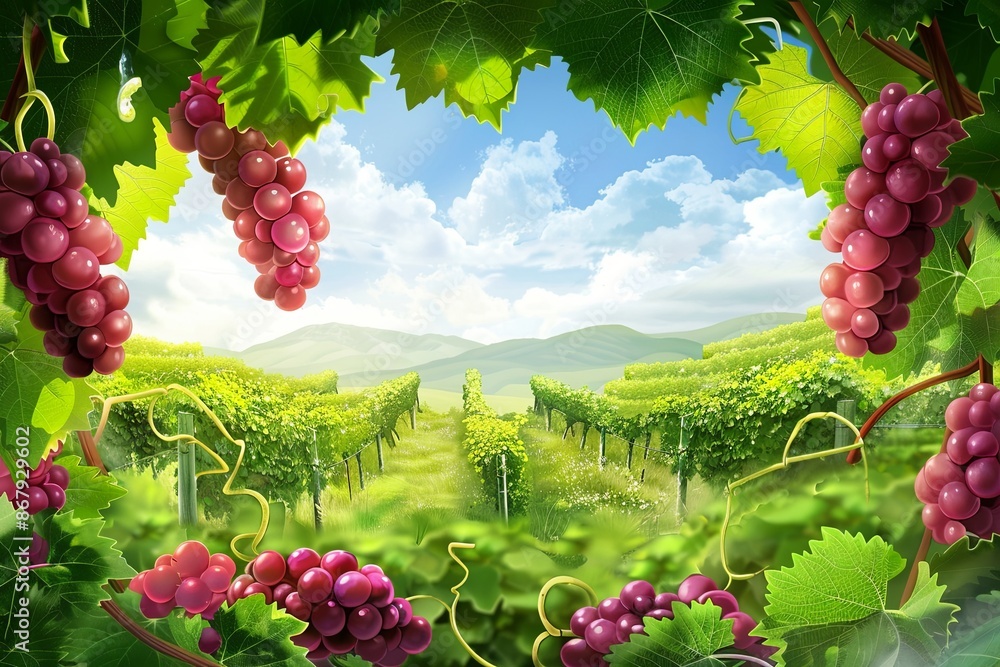 Poster A picturesque view of a vineyard with ripe grape clusters hanging from the vines, surrounded by lush greenery and a clear blue sky with puffy clouds. Generative AI
