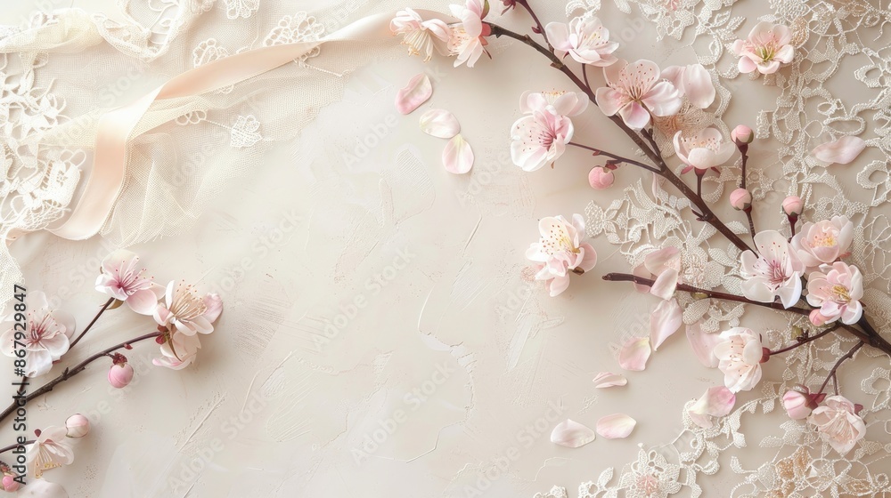 Poster spring themed background with vintage elements and soft colors cherry blossom branch lace and satin 