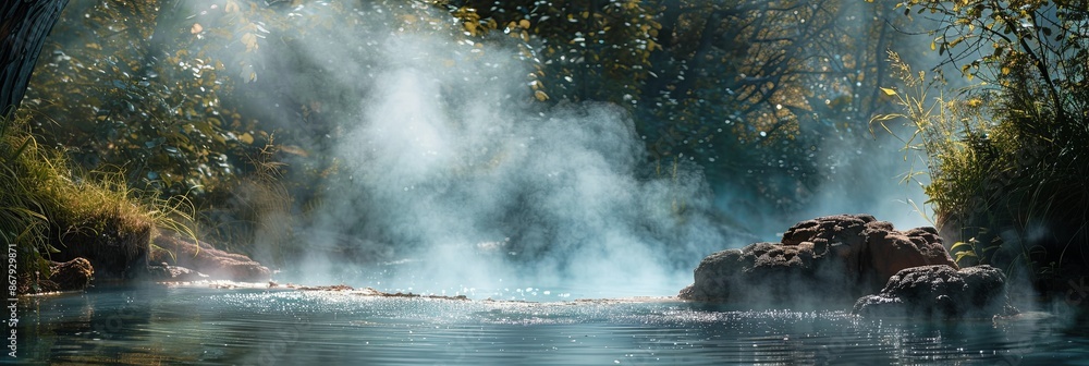 Poster A serene hot spring nestled in a dense forest, with steam rising from the water and creating an ethereal atmosphere. Generative AI
