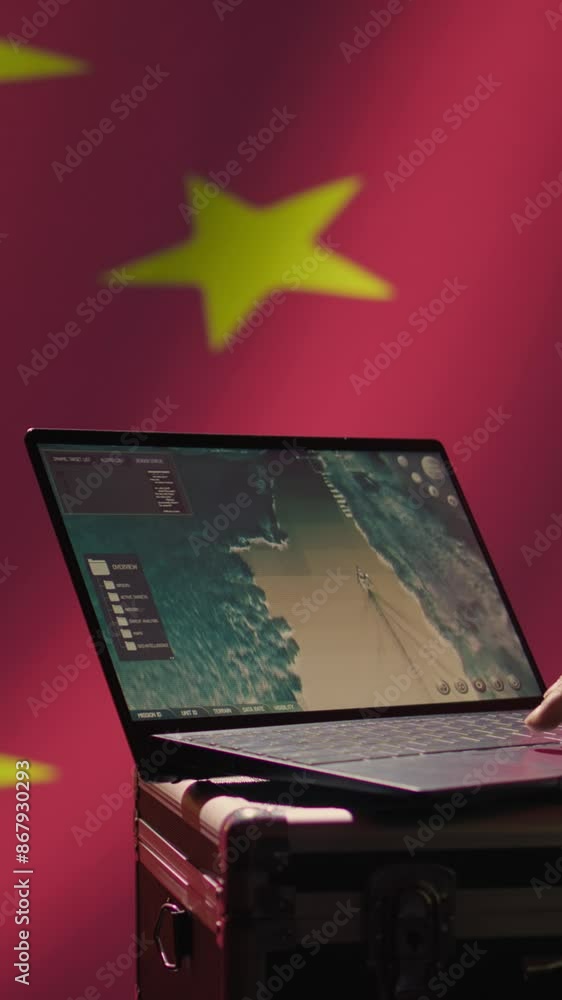 Poster vertical video chinese soldier in command control room using military tech to identify threats from 
