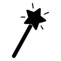 Black silhouette of magic wand with sparkling star on top, glyph icon flat vector