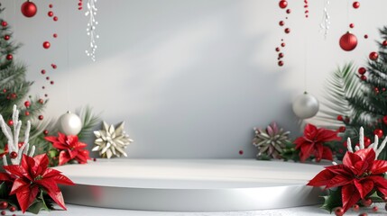 Winter holiday podium stage with festive christmas decorations and ambient lighting, perfect for christmas greetings or advertising