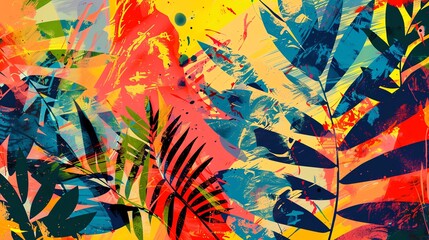 Fototapeta premium Vibrant abstract tropical leaf pattern with bold colors and dynamic splashes, perfect for modern wall art and digital designs.