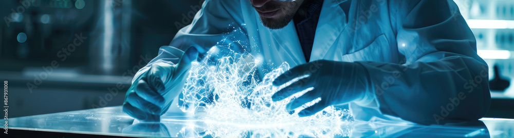 Poster a scientist in a lab coat interacts with glowing blue digital data on a glass surface