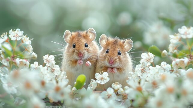 Two baby mice are sitting on a bed of flowers. They are both looking at the camera and seem to be enjoying the moment