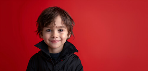 Hispanic Boy Smiling Dressed as a Vampire, Halloween Costume, Solid Red Background with Copy Space.