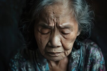 A woman with a sad expression on her face. She is wearing a blue and pink dress. The image is in black and white