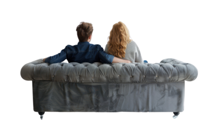 Couple sitting on couch, back view on transparent background