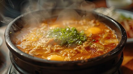 A bowl of soup with meat and vegetables in it. The soup is steaming and has a rich, savory aroma