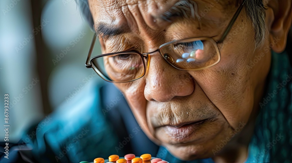 Poster an old man with glasses is looking at a box of candy. the candy is multicolored and he is a mix of d