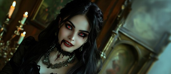 Fototapeta premium Smiling vampire woman, blood drop from lips, elegant dress and jewelry, vintage mansion with furniture and chandeliers, Halloween concept, copy space.