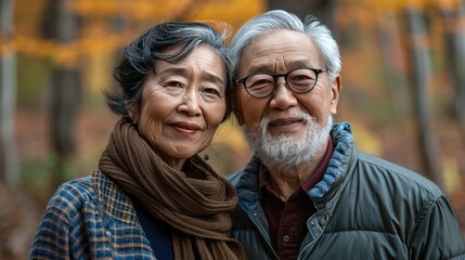 Fototapeta premium A couple of older people are smiling for the camera. The man is wearing glasses and the woman is wearing a scarf