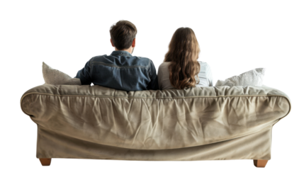 Couple sitting on couch, back view on transparent background