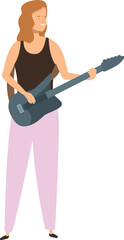 Young woman playing electric guitar on white background