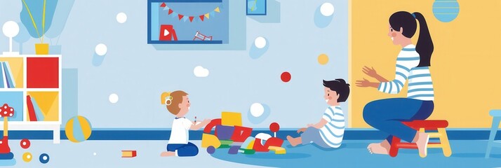 A mother and her two children enjoy a playful afternoon in their bright kitchen, filled with toys and cheerful decor. Generative AI