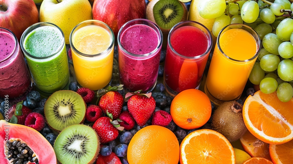 Poster five colorful fruit juices made from different fruits are displayed next to various fruits and berri