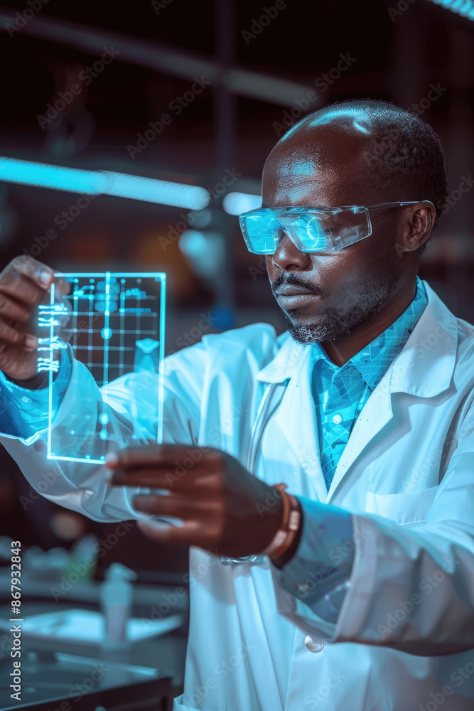 Poster a scientist in a lab coat and safety glasses examines a transparent display, studying data and condu