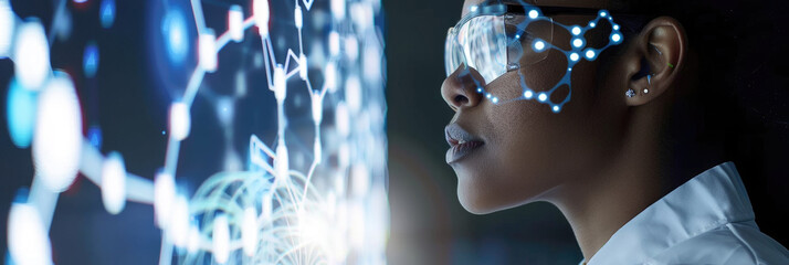 A close-up of a woman wearing glasses and looking at a digital network interface