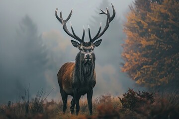 Obraz premium A deer with large antlers stands in a field of tall grass. The image has a mood of peacefulness and serenity, as the deer is alone and not in a crowded or chaotic environment