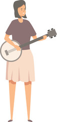 Young woman standing and playing banjo, folk, country or bluegrass music performance