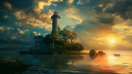 Fototapeta premium Lighthouse on a magical island, fantasy, vibrant colors
