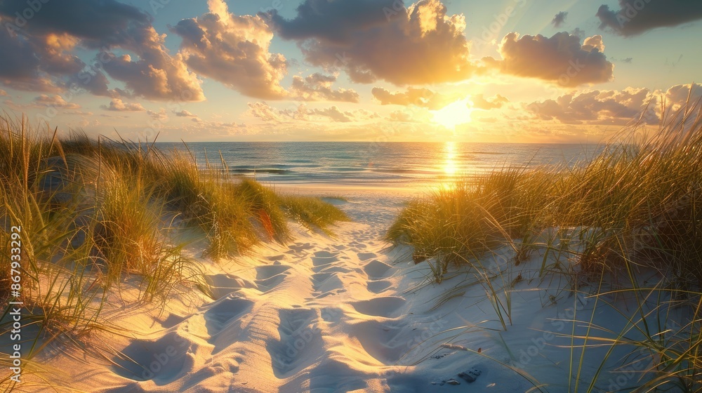 Poster a beach scene with a sun setting in the background. the sky is cloudy and the sun is setting behind 