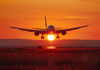 Illustration of Airplane landing at sunset, silhouette against an orange sky. Stunning aviation photo capturing the beauty of travel and the majesty of flight. Ideal for travel, transportation, or air