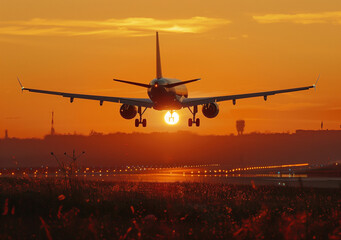 Illustration of Airplane landing at sunset, silhouette against an orange sky. Stunning aviation photo capturing the beauty of travel and the majesty of flight. Ideal for travel, transportation, or air