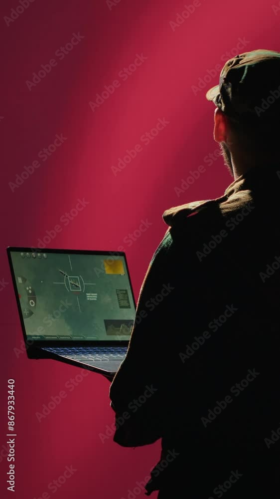 Poster vertical video chinese soldier using radar detecting ballistic missile attacks and conducting genera