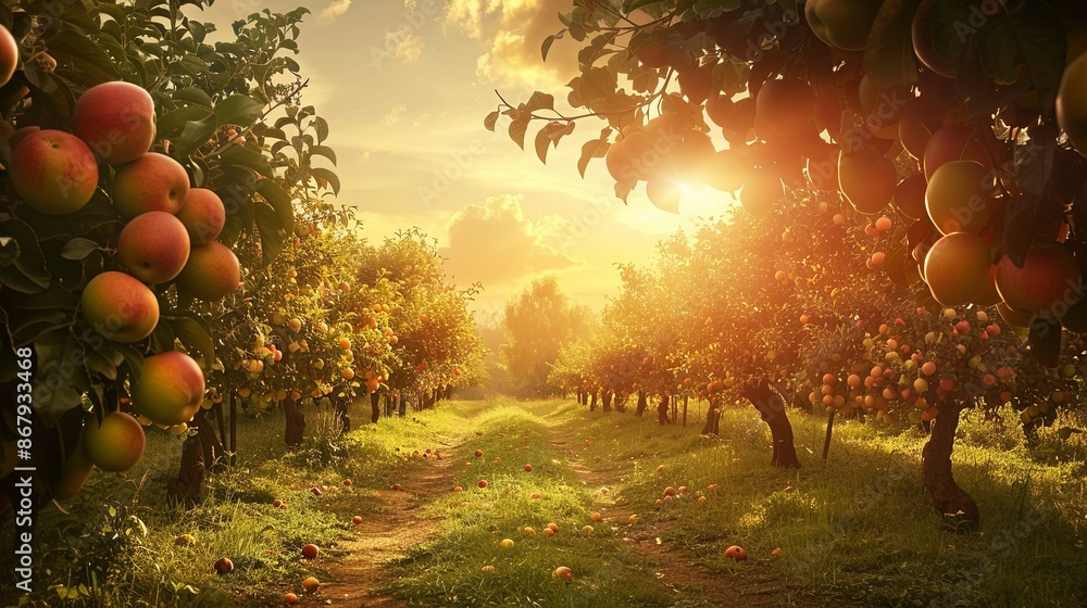 Poster A picturesque orchard scene with rows of apple trees laden with ripe fruit, bathed in the golden glow of a setting sun. Generative AI