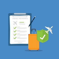 Traveling luggage suitcase and airplane trip protect by green shield. Travel insurance. Plane flight safety symbol. Aircraft journey risk protection. 