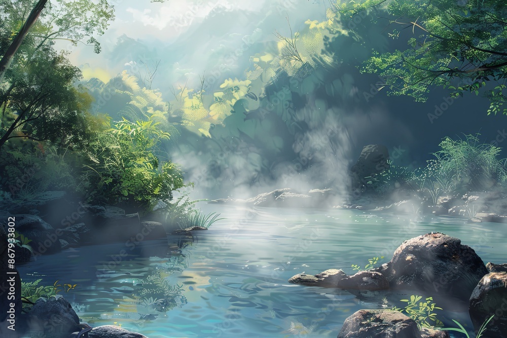 Poster a serene image of a river winding through a lush green forest, with mist rising from the water and s