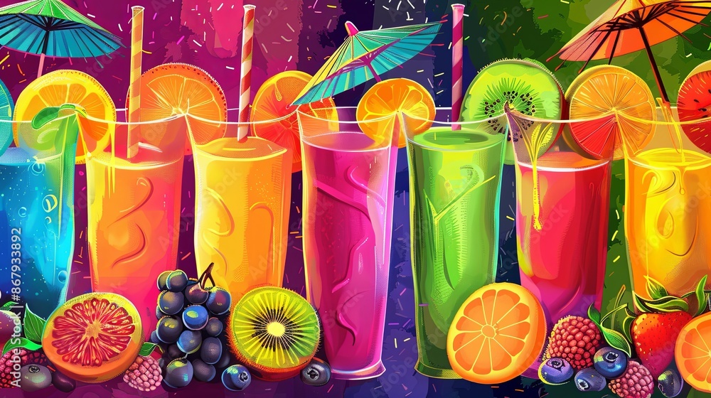 Poster a vibrant illustration of six colorful smoothies with various fruit toppings and umbrellas. generati