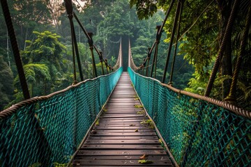A bridge over a forest with a green fence. The bridge is long and narrow, and the trees are lush and green. Scene is peaceful and serene, as if one is walking through a forest in a dream