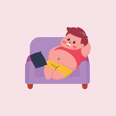 illustration of a fat person who likes to eat and is lazy, preferring to spend time at home