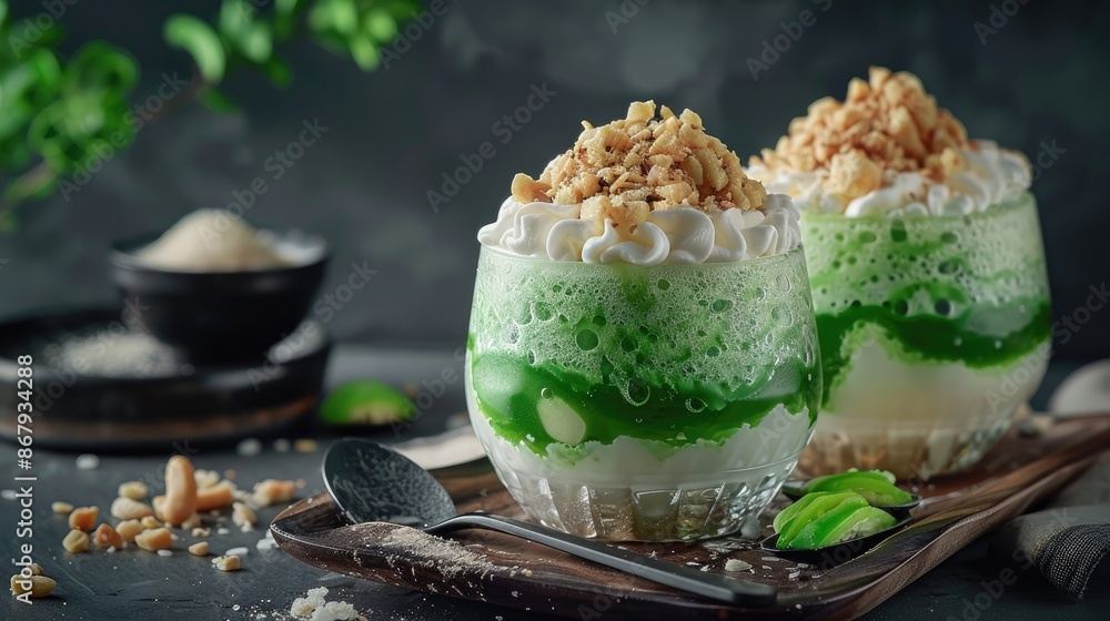 Poster two green drinks with nuts on top sit on a wooden table. the drinks are served in tall glasses and a