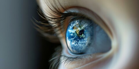 close-up of a beautiful female eye in which the planet earth is reflected