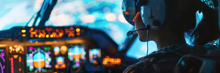A close-up silhouette of a pilot wearing a headset and focused on the instrument panel in an airplane cockpit at night