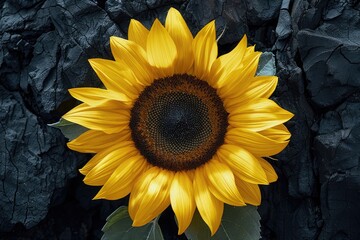 A single sunflower in full bloom, centered on a deep charcoal background. The sunflower's bright yellow petals and large, dark center are rendered with high detail, highlighting its natural beauty.