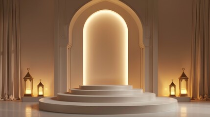 Fototapeta premium podium lighting enhances a islamic architectural setting with elegant lanterns, perfect for islamic displays