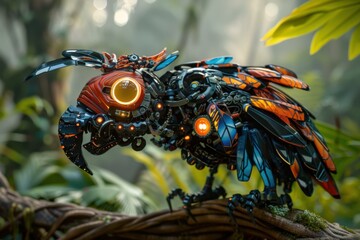 A robotic parrot perches on a branch in the jungle. AI.
