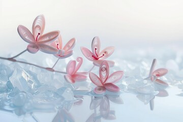 Naklejka premium A sprig of cherry blossoms made from paper quilling, the soft pink petals contrasting beautifully against a crystal clear backdrop, embodying the essence of spring.
